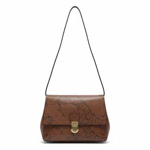 Brown Leather Map-Print Shoulder Bag with Gold Hardware
